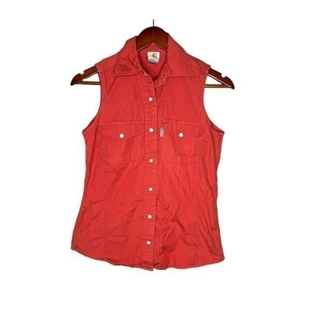 Carhartt Shirt Womens Red Poplin Snap Front Sleeveless Collared Blouse sz small